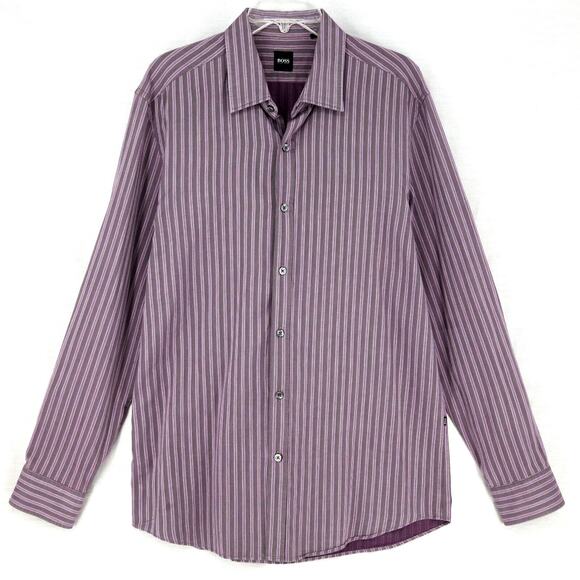 Hugo Boss Shirt Mens XL Purple Stripe Cotton Button Up Casual Made in Italy - Picture 1 of 12
